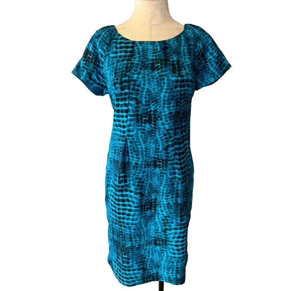 Calvin Klein Shift Dress 14 Blue Black Faux Silk Short Sleeve Career Church - Picture 1 of 9